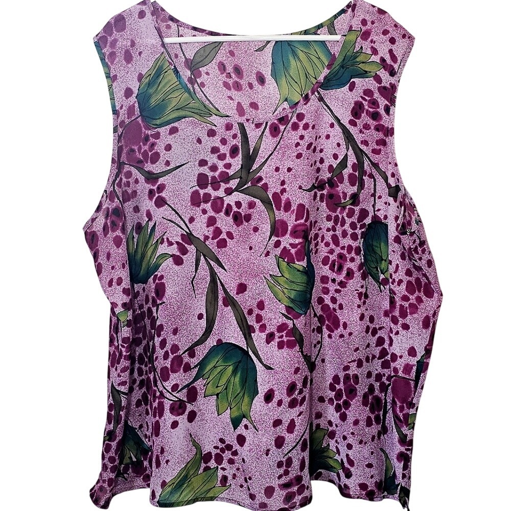 26W/28W Plus-size Womens Blouse‎ 90s Floral Sleeveless Purple Green Summer Light